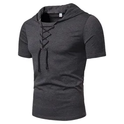 Summer Men's Sports Drawstring Short Sleeves Casual T-shirt Slim Breathable Mesh Hooded T-Shirt Outdoor Hiking Running Red Top