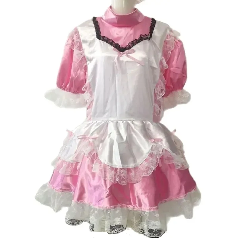 

Pink Cute and Girlish Hat with Lace Cuffs White Pleated Lace Apron with Satin Bow Short Sleeved Role-playing Dress