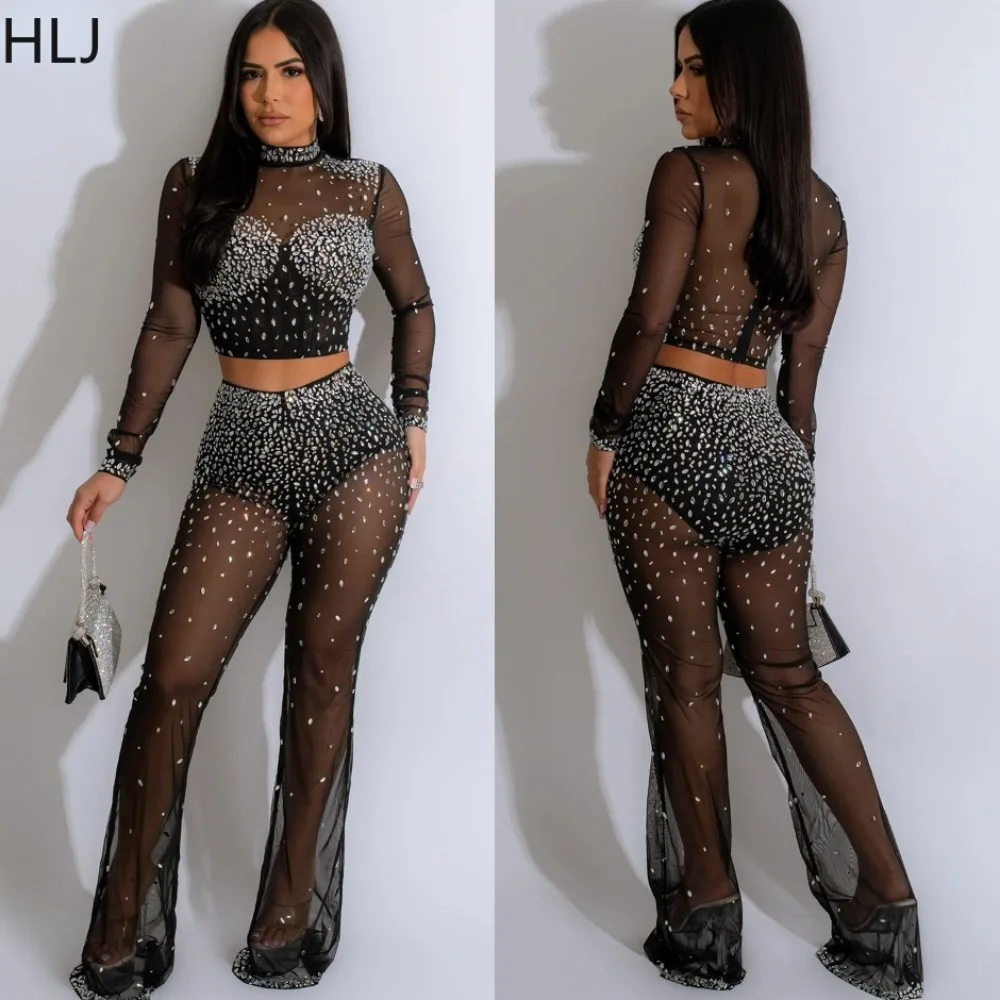 

HLJ Fashion Mesh Perspective Rhinestone Party Nightclub Two Piece Set Women O Neck Long Sleeve Crop Top And Skinny Pants Outfits