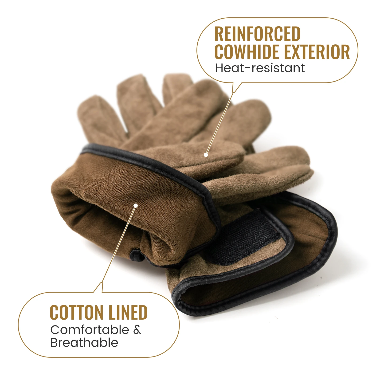 OneTigris Schweißhandschuhe, feuerfeste Leder-Arbeitshandschuhe für Herren/Damen, Forge BBQ, Camping, Holzofen, wärmeisolierendes Rindsleder – Detail 5