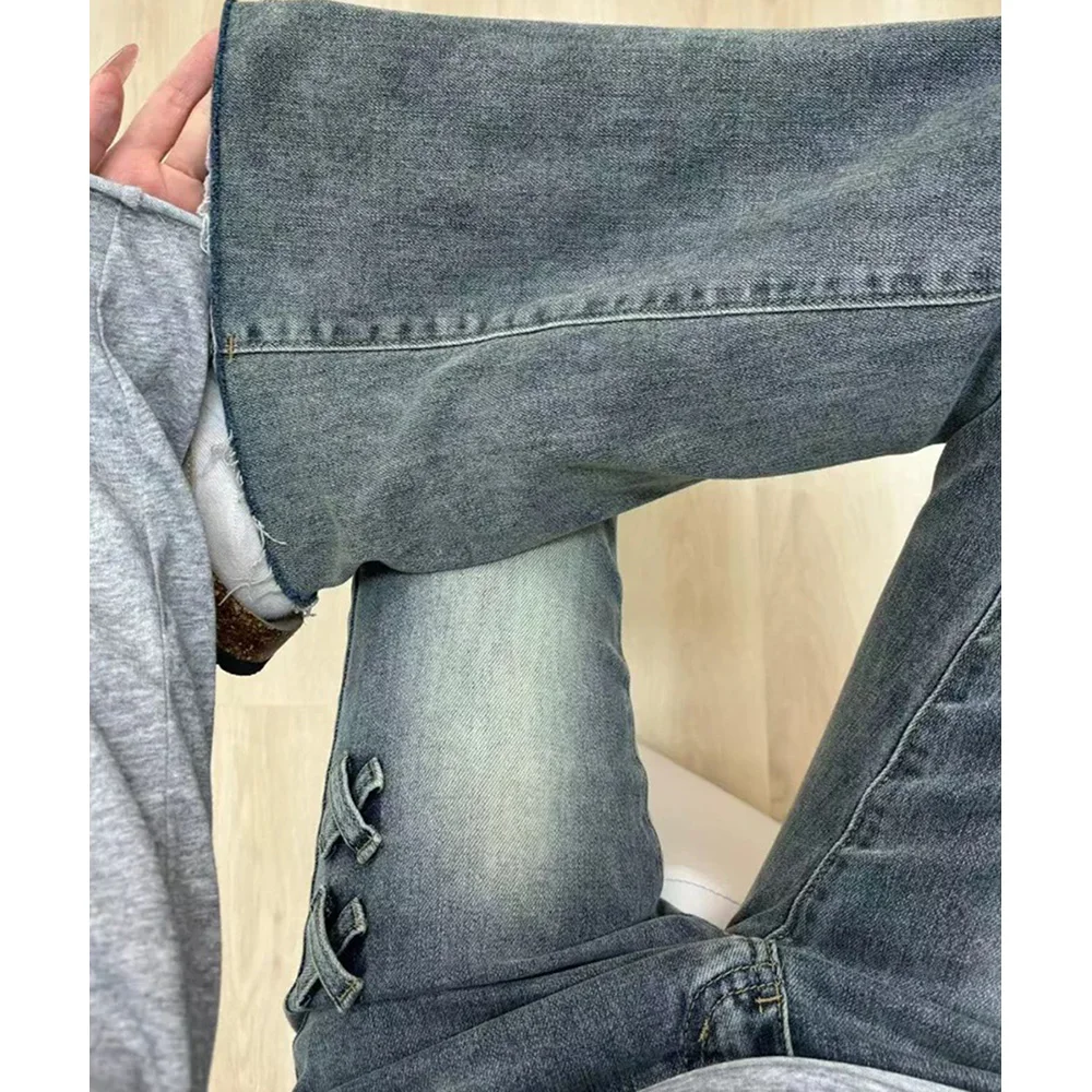 Retro blauwe slanke uitlopende jeans dames oversized Amerikaanse stijl hoge taille bandage boog ontwerp jeans denim broek met klokbodem
