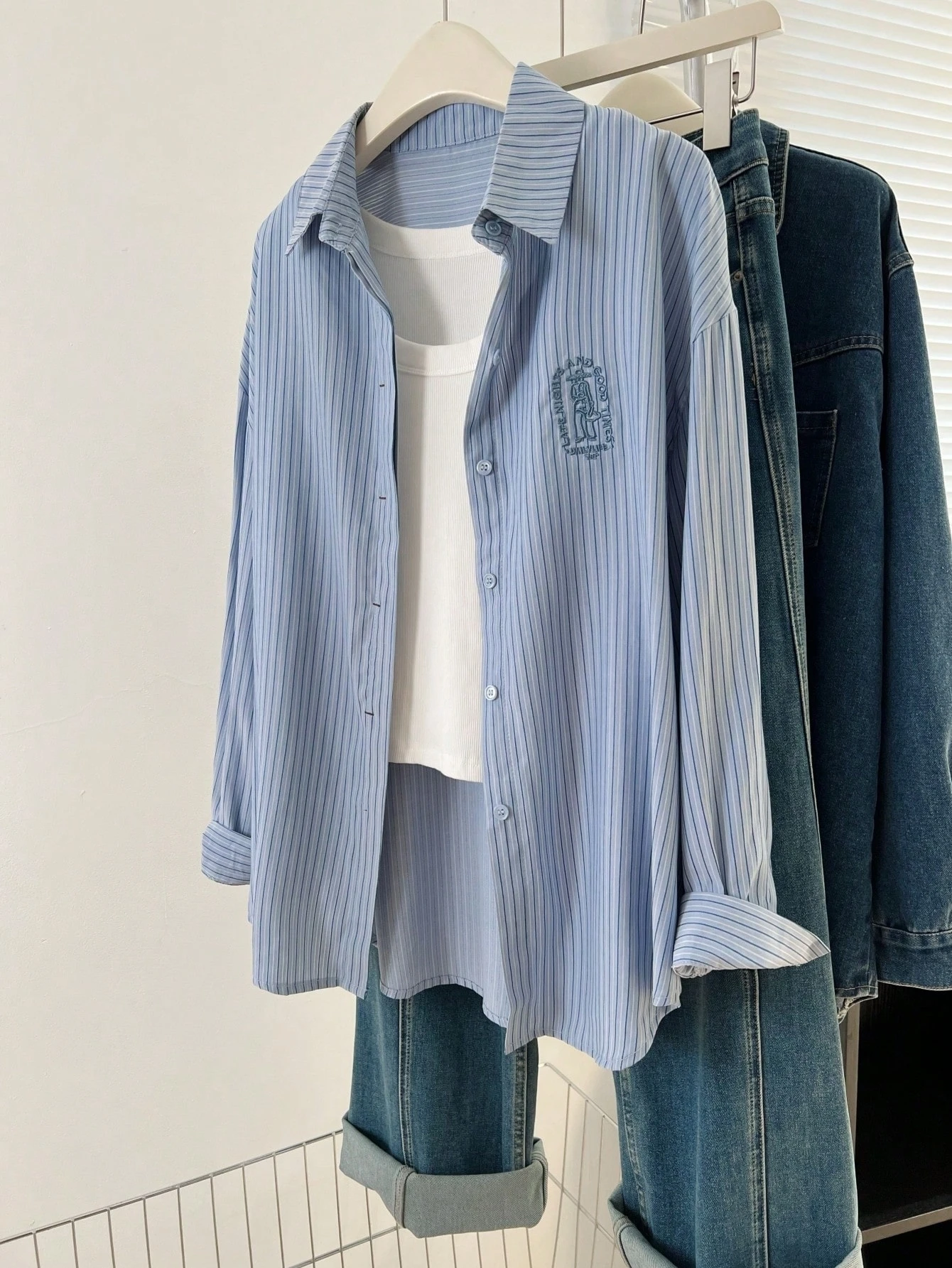 Women Oversized Thin Stripe Embroidery Shirt Lapel Long Sleeve Loose Casual Sun Protection Blouse