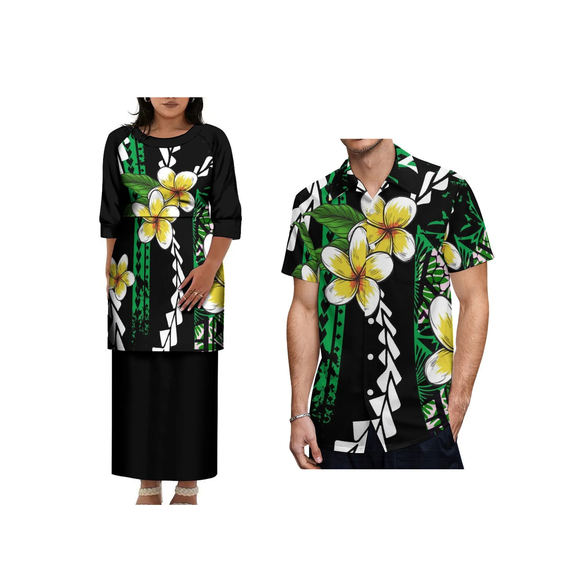Best Price Custom Polynesian Tribal Design Tonga Samoan Puletasi Set Dress Plus Size Womens Round Neck Long Dress 2pcs