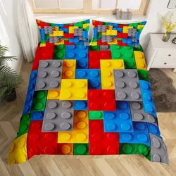 Colorful Toy King Queen Duvet Cover 3D Building Block Pattern Bedding Set Fun Brick Quilt Cover Gradient Rainbow Comforter Cover