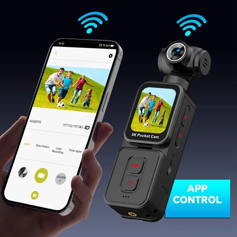 Nices Pocket Action Camera 5K Auto-Rotating Wi-Fi Vlogging Camera with Image Stabilization for Sports Outdoor Activities, 270°