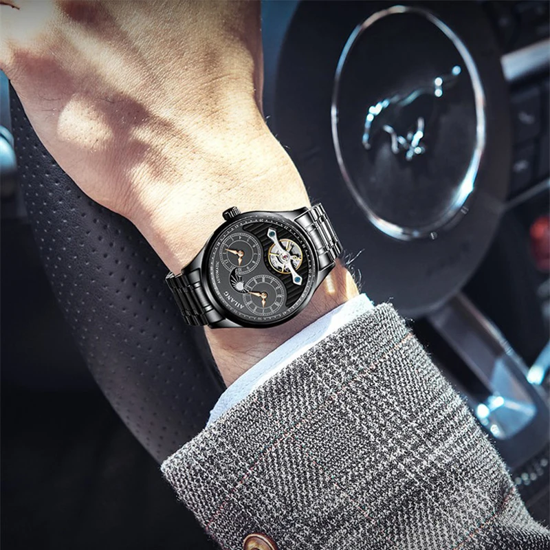 AILANG Casual Fashion Men Tourbillon Mechanical Watch Black All-Steel Strap Fully Automatic Clock Luxury Men Watch Reloj 8607