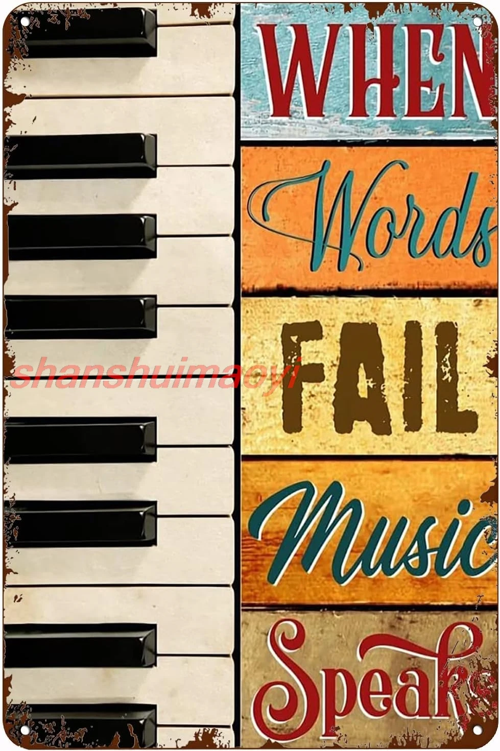 Vintage Tin Sign Metal Poster Plaque Playing Piano, When Words Fail Music Speaks Metal Sign Iron Painting Retro Wall Decor Nosta