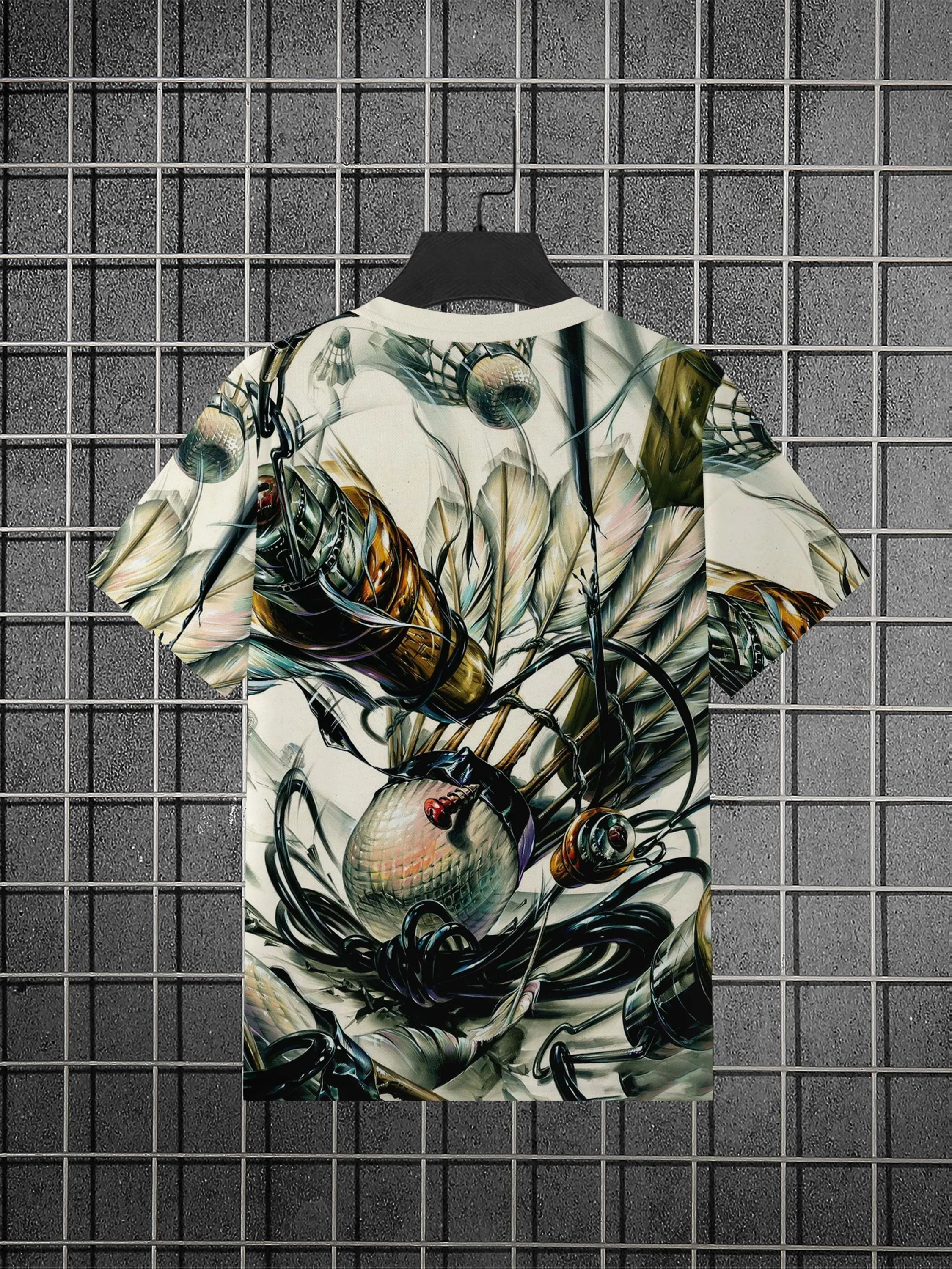 Men's Abstract Mechanical Creature Line Art Full Print Crew Neck Short Sleeve Sci-Fi Sketch Casual Tee Tops