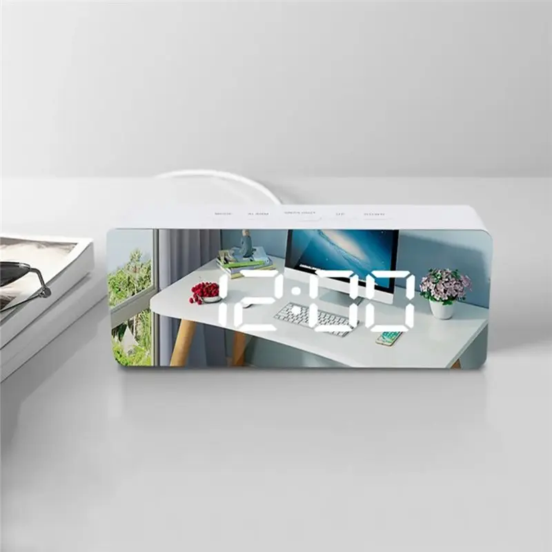 AB08-LED Mirror Digital Clock Bedroom Office Travel Electronic Table Clock Desktop Alarm Clock Temperature Function Durable , Bl