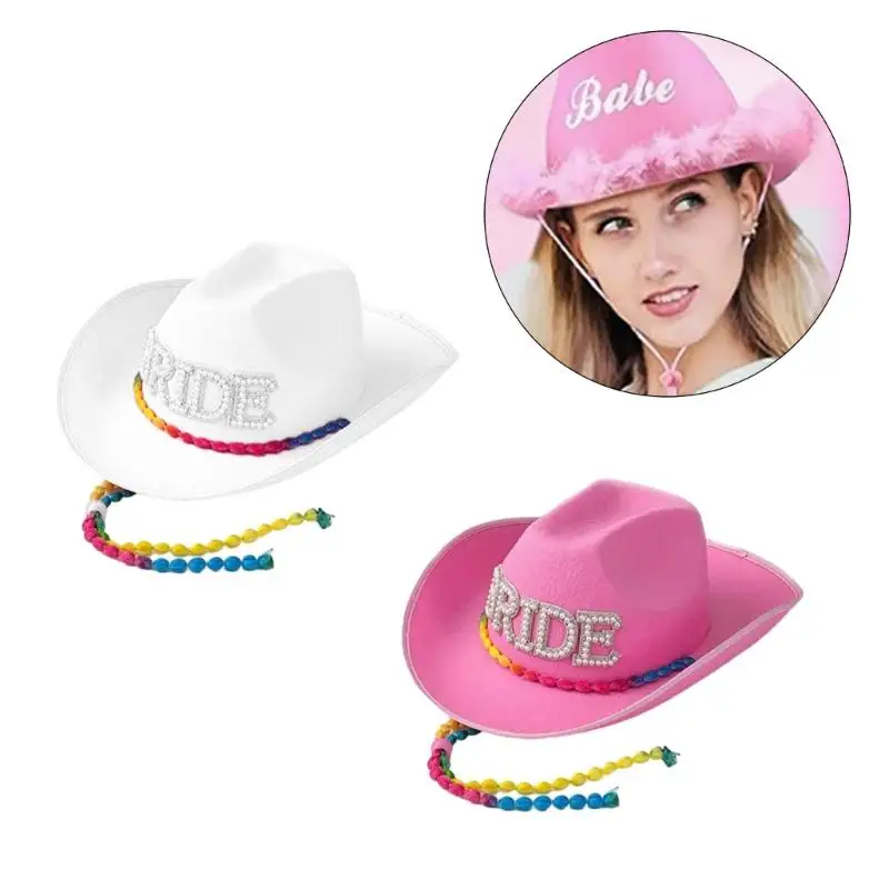 

Bride Cowboy Hat for Wedding Party Pearl Decors Cowgirls Hat for Spring Summer Outdoor Sunproof Hat with Color Chin Rope