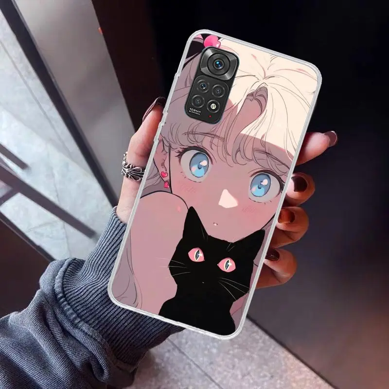 アニメと女の子のための猫の電話ケース,Xiaomiの楽しいプリントスマートフォンのケース,Redmi note 12s,12, 11s,11s,10s,11e,11t pro plus 9、9s、9t、8、8t、7