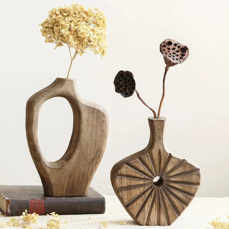 1PC Wooden Vase Retro Vintage Texture Solid Wood Creative Flower Arrangement Ornament For Living Room Entrance Simple