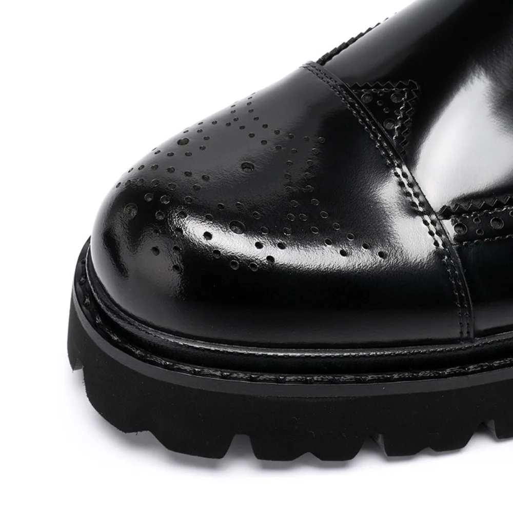 Mens Genuine Leather Brogue Carved Wingtip Dress Shoes British Style Thick Sole Casual Formal Wedding Shoes