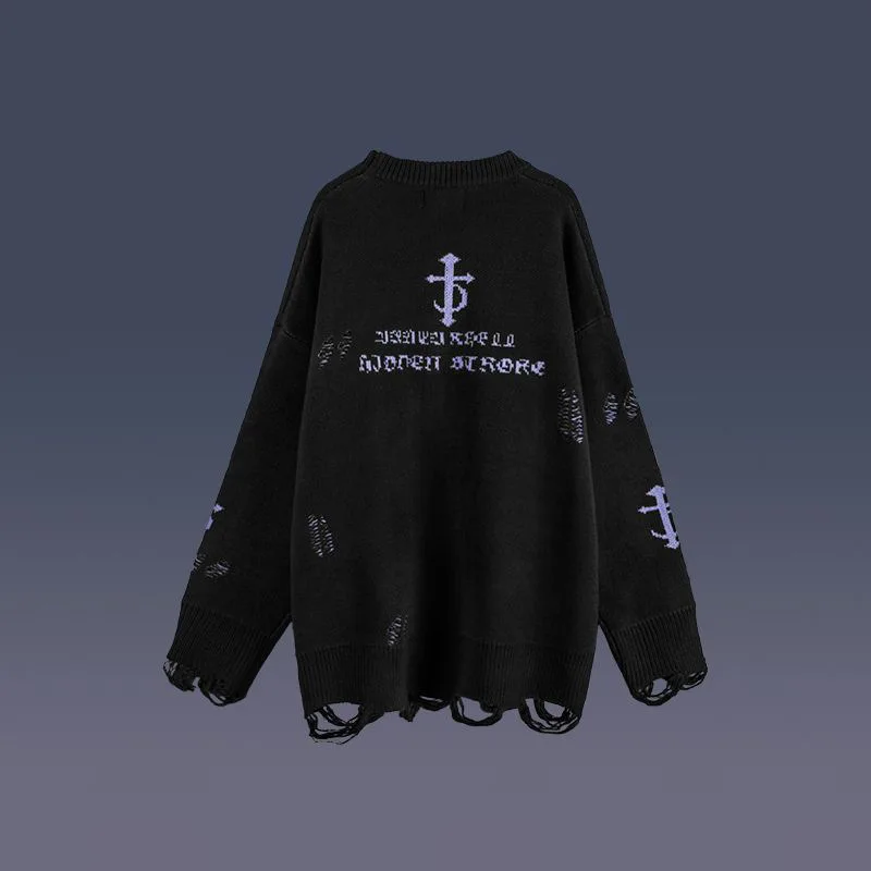 Pullovers Men Holes Letter Print Fashion Autumn Winter Loose Casual Sweaters Couples High Street O-neck Ripped Design Popular