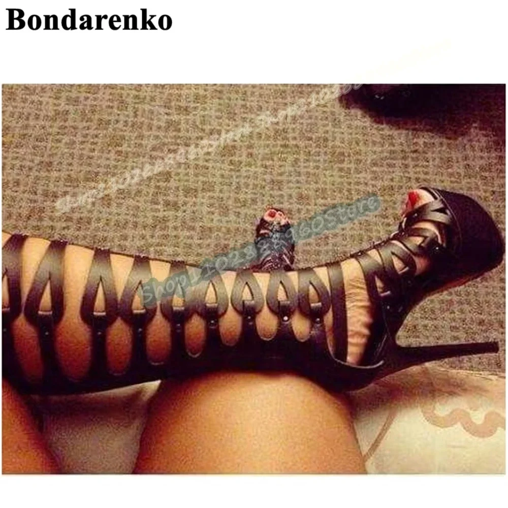 

Stylish Knee High Black Leather Strap Platform Sandals Thin High Heel Women Shoes Back Zipper Peep Toe Party Zapatos Para Mujer