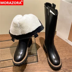 MORAZORA Size 34-42 Cow Leather Real Wool Women Boots Thick Bottom Knee High Boots Zipper Warm Winter Boots Ladies Chelsea Botas