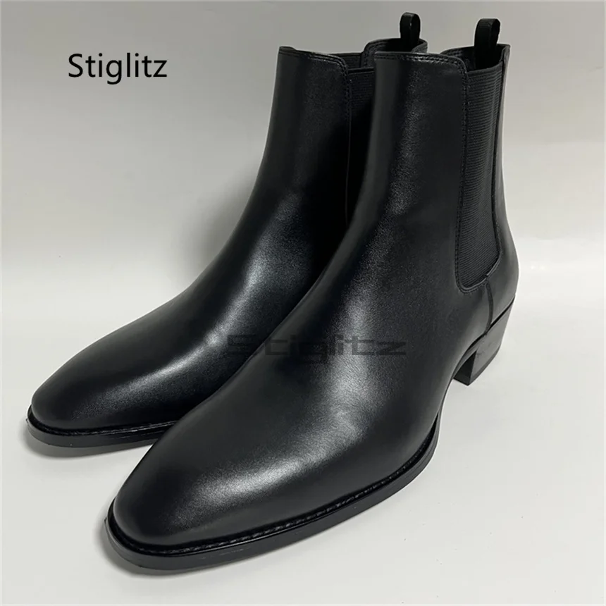 

Black Genuine Leather Chelsea Boots for Men Slip On Elastic Boots Pointed Toe Med Heels Ankle Boots Handmade Business Shoes
