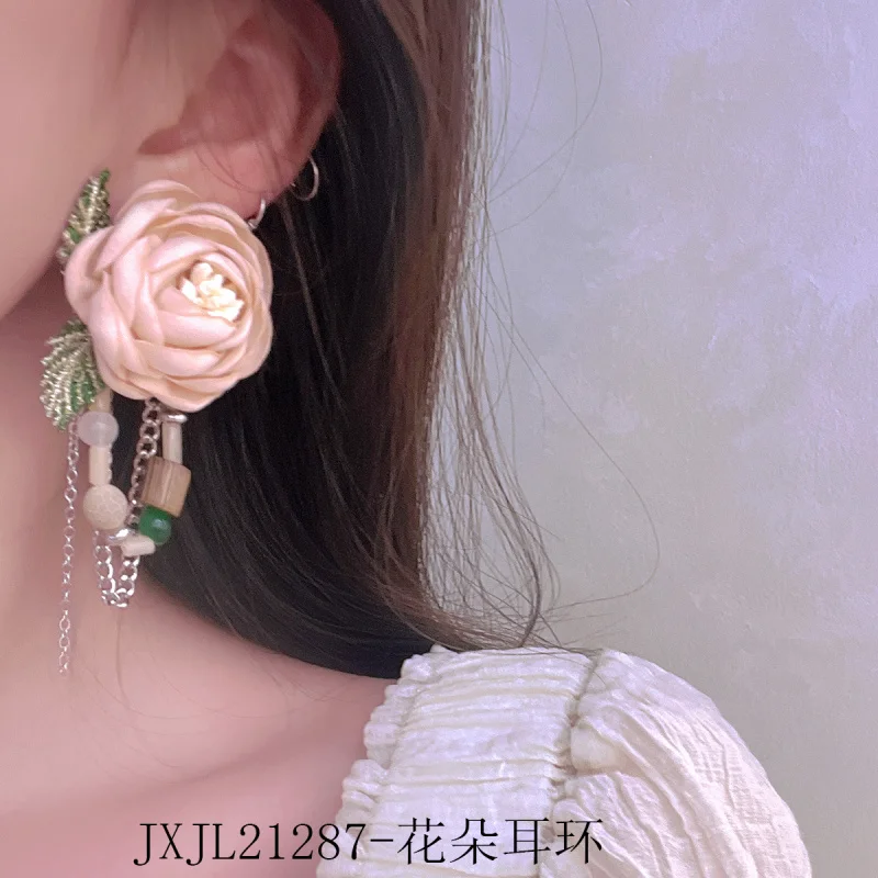 New Vintage Crystal Jade Beaded Flower Necklace Earrings Spring and Summer Series Girly Dinner Lace-up Collar/Necklace