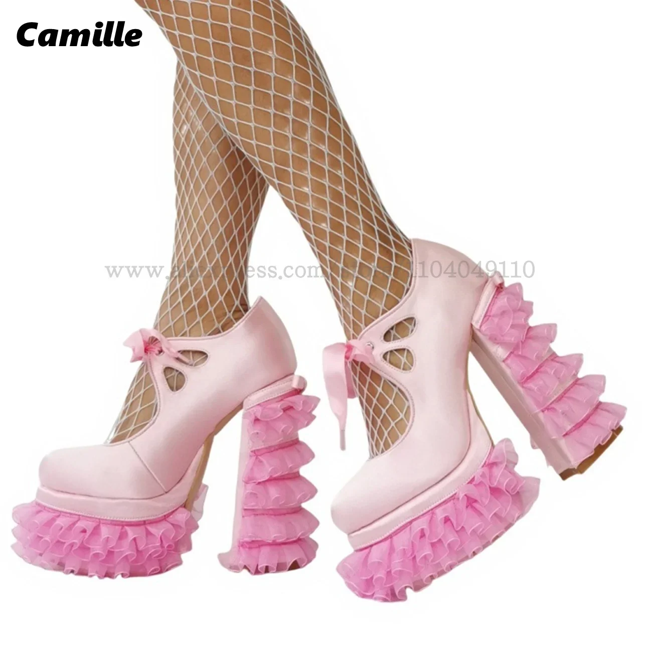 Pink Laciness Front Lace Up Thick Sole Lolita Pumps Mary Jane Size 36-47 All-Match Causal Shoes Silk Platform Sweet Pumps