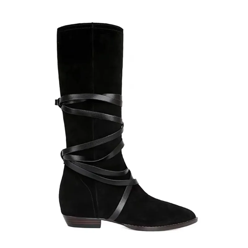 

Western Fashion Straps Cross Bandage Army Green Black Suede Knight Boots Woman Flats Pointed Toe Slip On Mid High Boots