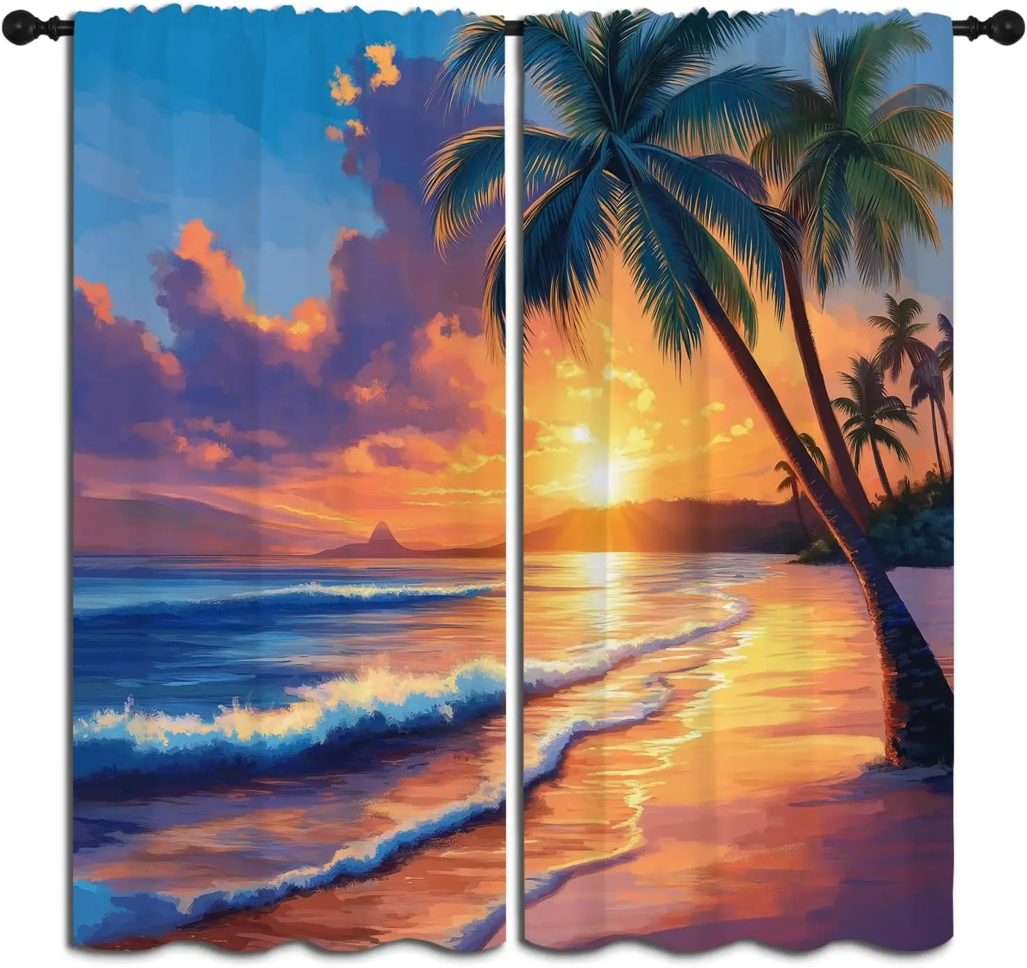 Beach Boy Girls Blackout Curtains,Tropical Sea Palm Tree Coastal Rustic Sunset Seascape, 2 Panel Rod Pocket Thermal Insulated