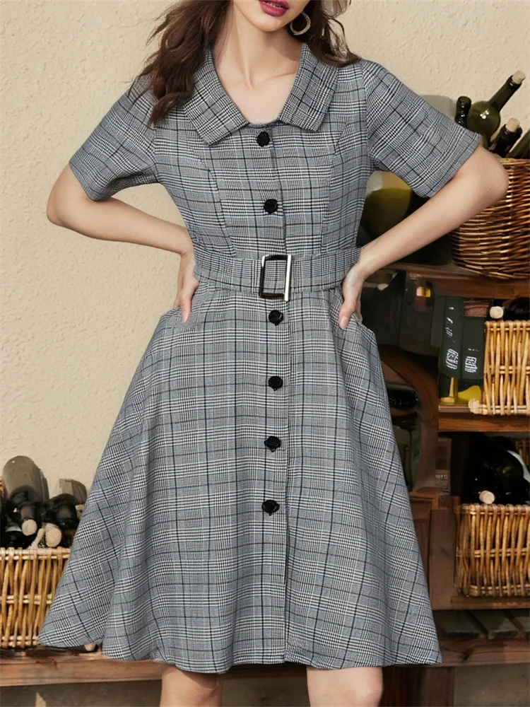 Sukienka damska w stylu retro Hepburn, jednorzędowa, z kieszenią, kołnierzykiem w stylu lat 50., szara koszula w kratę, sukienka biurowa codzienna.