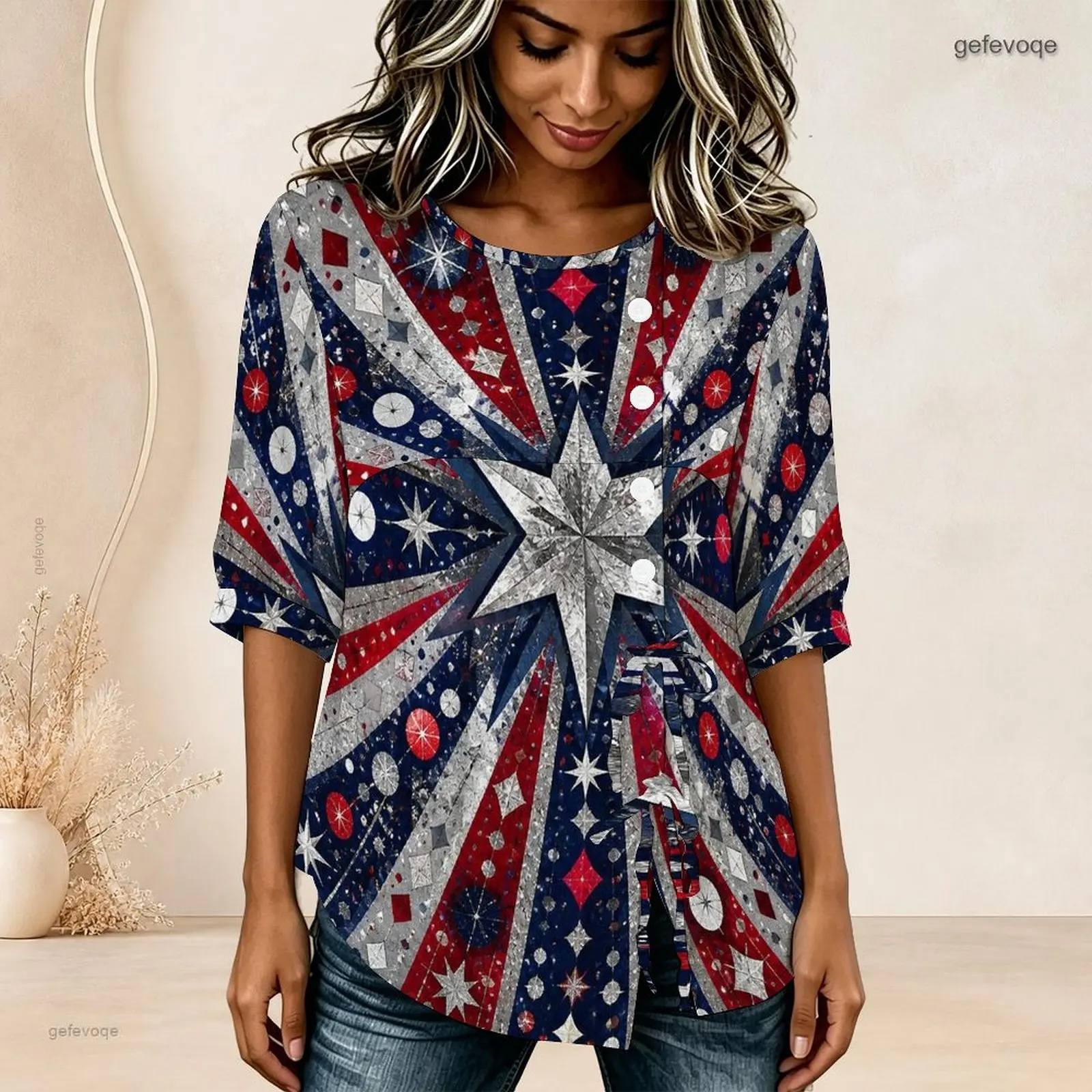 Printed Blouse for Women Round Neck Half Sleeve Gathered Front Button Detail Tie Hem