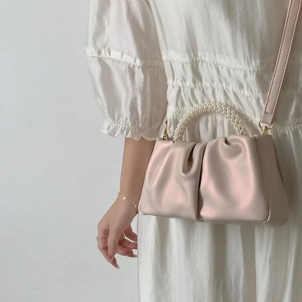 

PU Pleated Cloud Bag Large Capacity Carrying Pearl Handle Handbag Minimalist Portable Women Crossbody Bag Girls Birthday Gifts