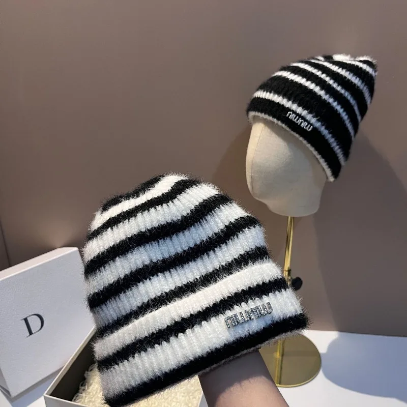 

​​2025 Style Black White Striped Rabbit Wool Beanie Women Winter Warm Knit Hat Luxury Vintage Outdoor Free Shipping​​