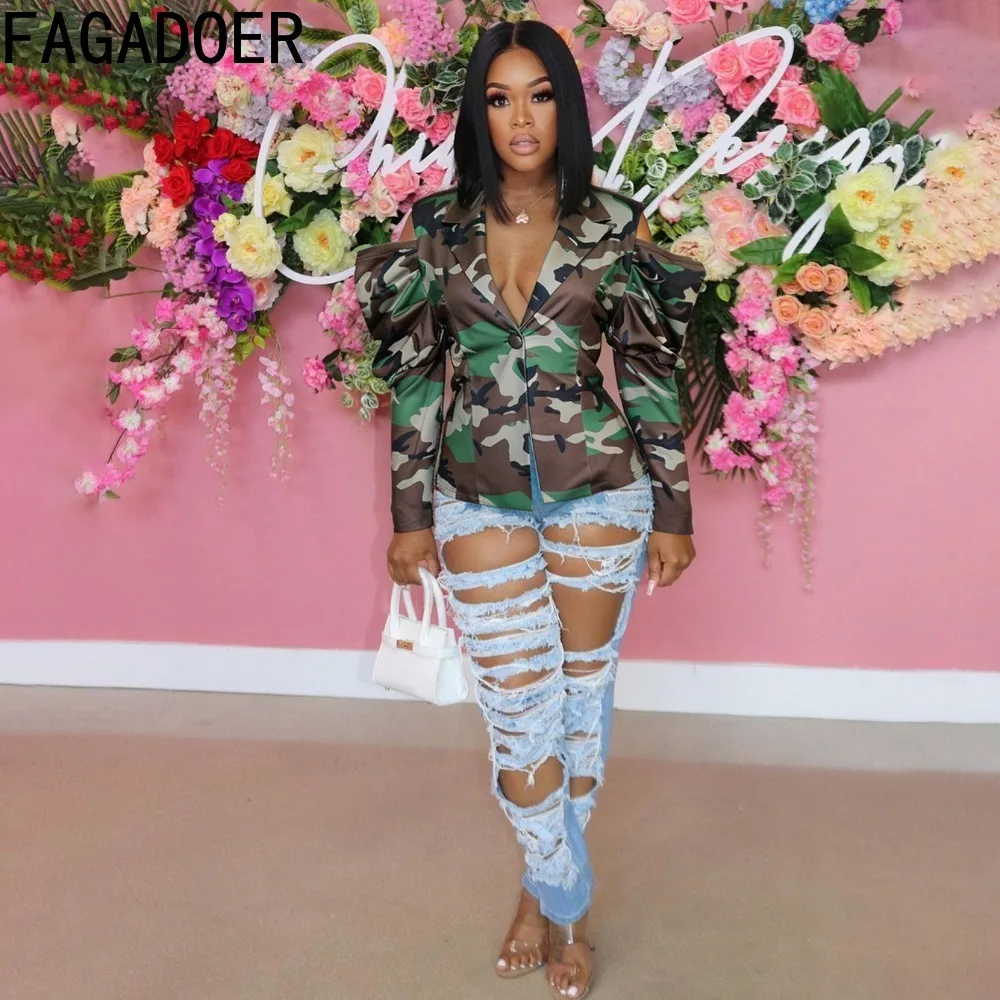 FAGADOER Women Camouflage Blazer Jacket Cold Shoulder Puff Sleeve Deep V Neck Button Front Sexy Streetwear Fashion Coat