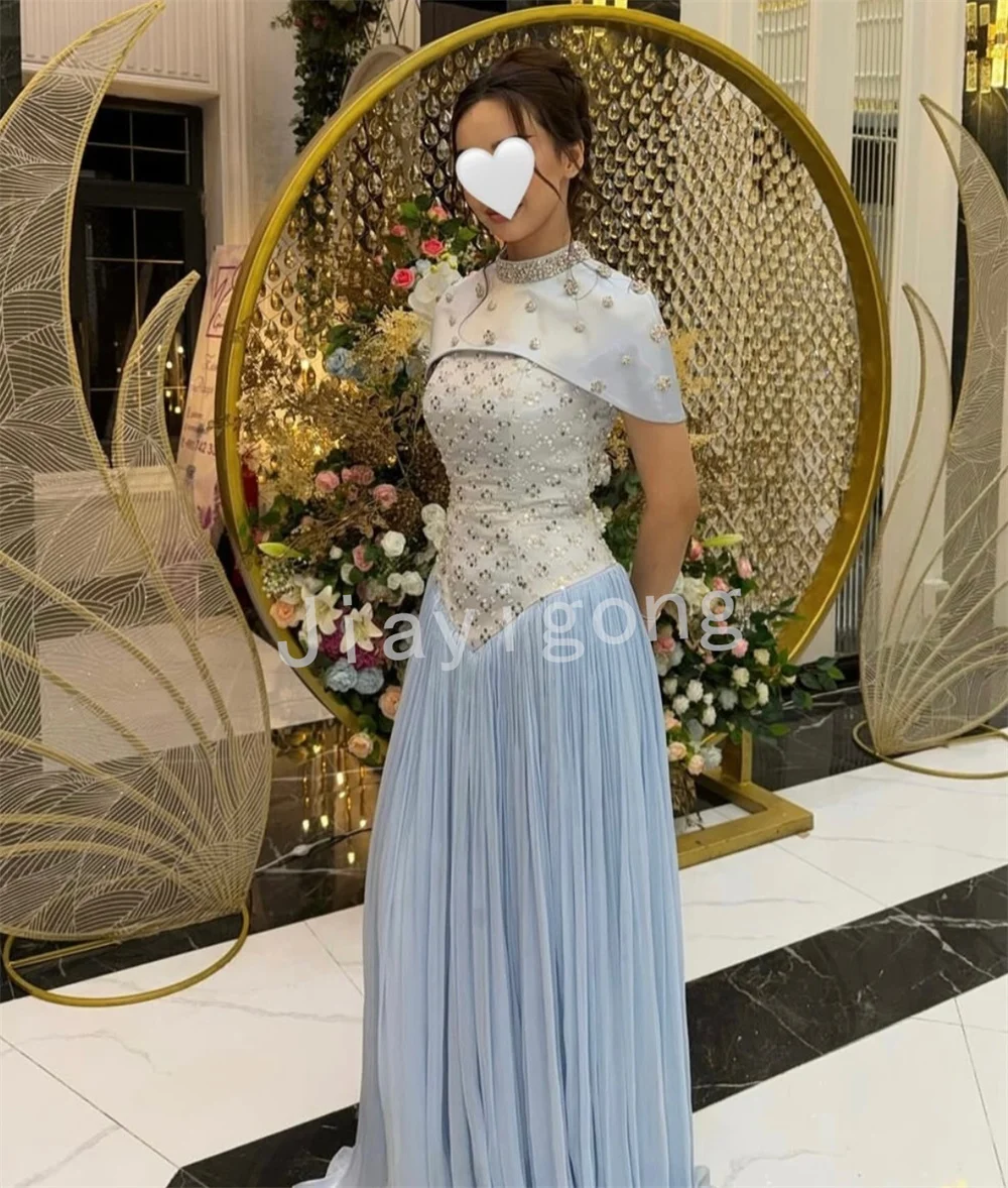 

Customized Classic Chiffon Pleat Sequined Pattern A-line O-Neck Long Bespoke Occasion Celebrity Dresses Exquisite