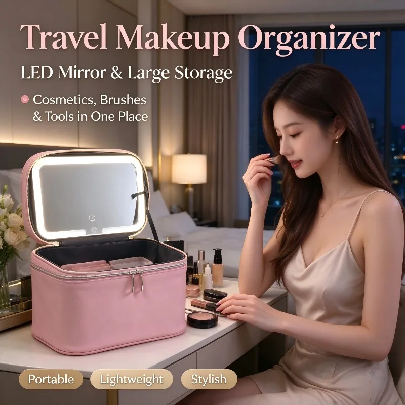 LED Vanity Mirror Makeup Bag, 3 Color Light Modes, Portable Cosmetic Organizer Case for Women, Travel and Daily Makeup