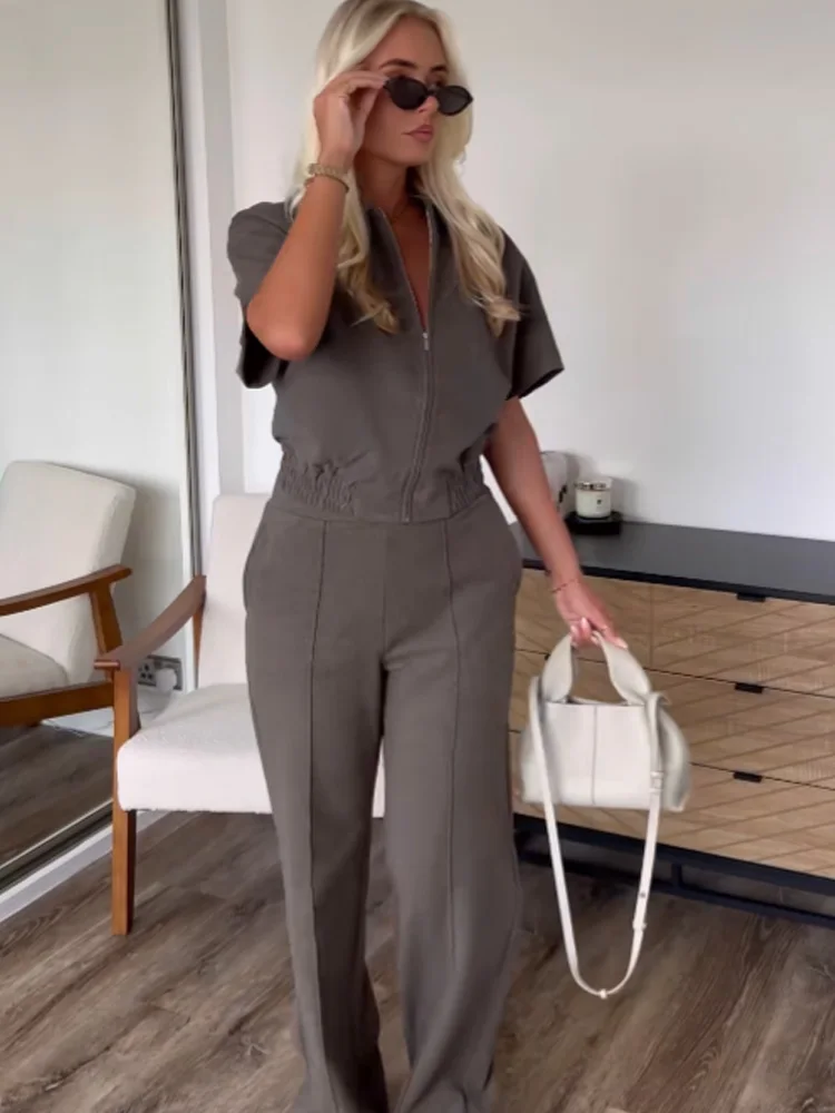 HH Women Fashion Loose Short Sleeve Lapel Zipper Vest+Autumn High Waisted Elastic Waist Pockets Wide-leg Pants 2-Piece Set