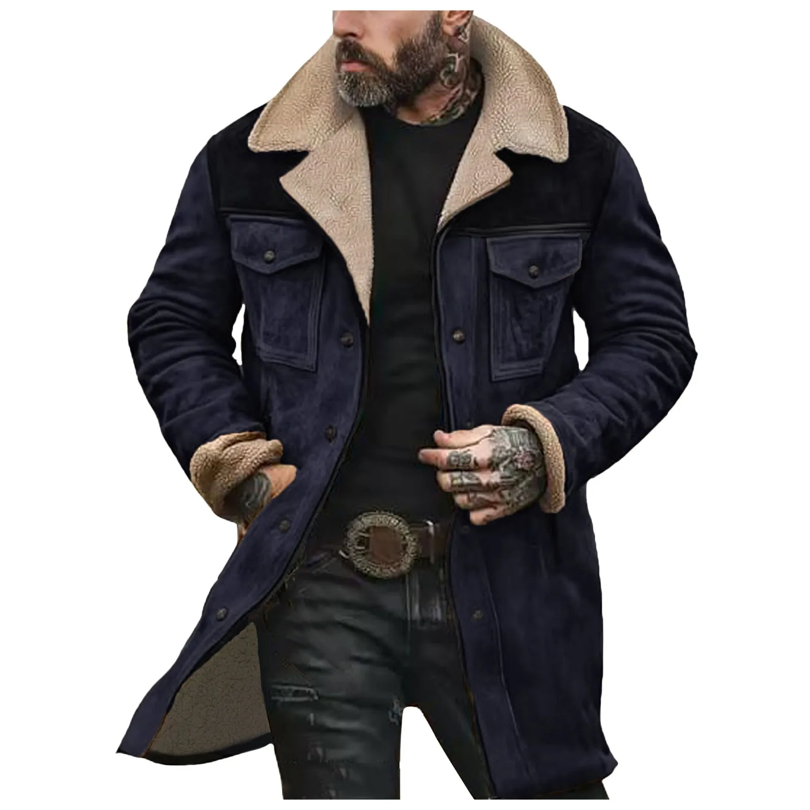 

Mens Long Suede Leather Jackets Autumn Winter Leisure Pocket Washed Cotton Fleece Trench Coat For Men Plus Size Windbreaker