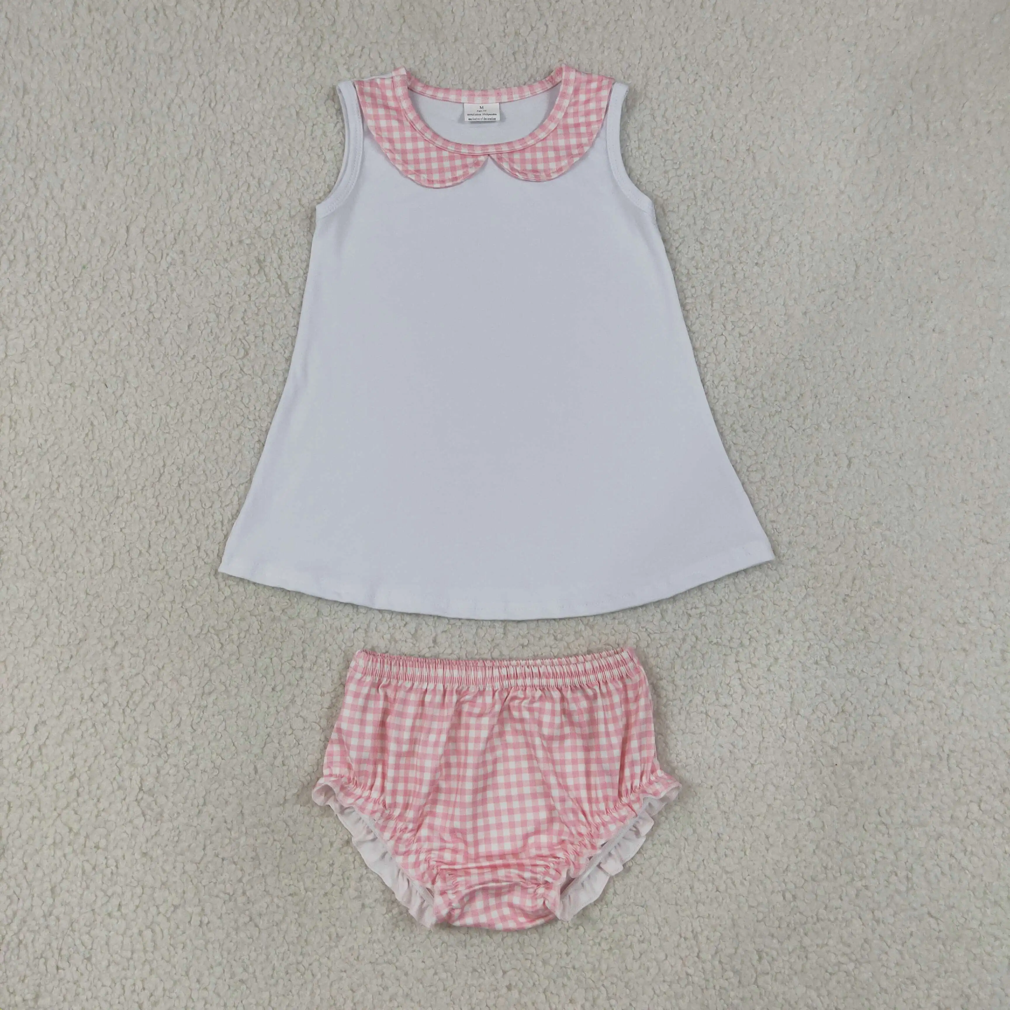 Wholesale Infant Baby Girl Outfit Toddler Kids Sleeveless Tunic Set Plaid Bummie Shorts Children Clothing