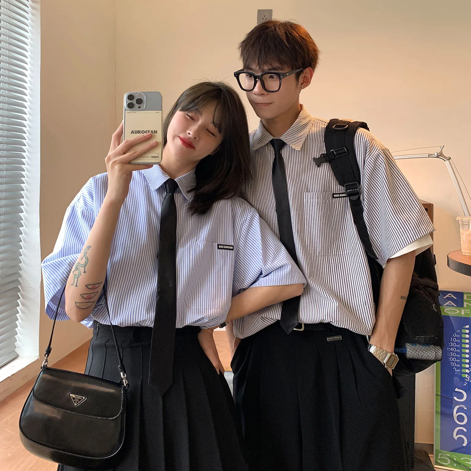 

Couples Loose Casual Short Sleeve Striped Shirt Summer New Style Button up No Iron Treatment Fashionable Youth Popular Shirt