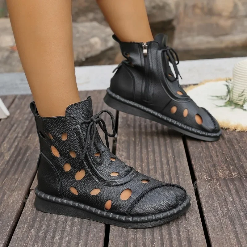 

Soft-soled Short-thigh Boots Autumn New Round Toe Cutout Breathable Front Lace-up Anti-slip Wear-resistant Flat Cooling Boots