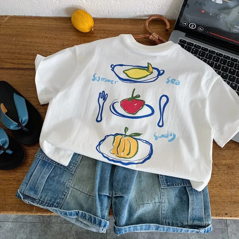 

2026 Summer New Children Short Sleeve T Shirts Cute Cartoon Print Boys Girls Cotton Casual Tee Baby Loose Tops Kids Clothes