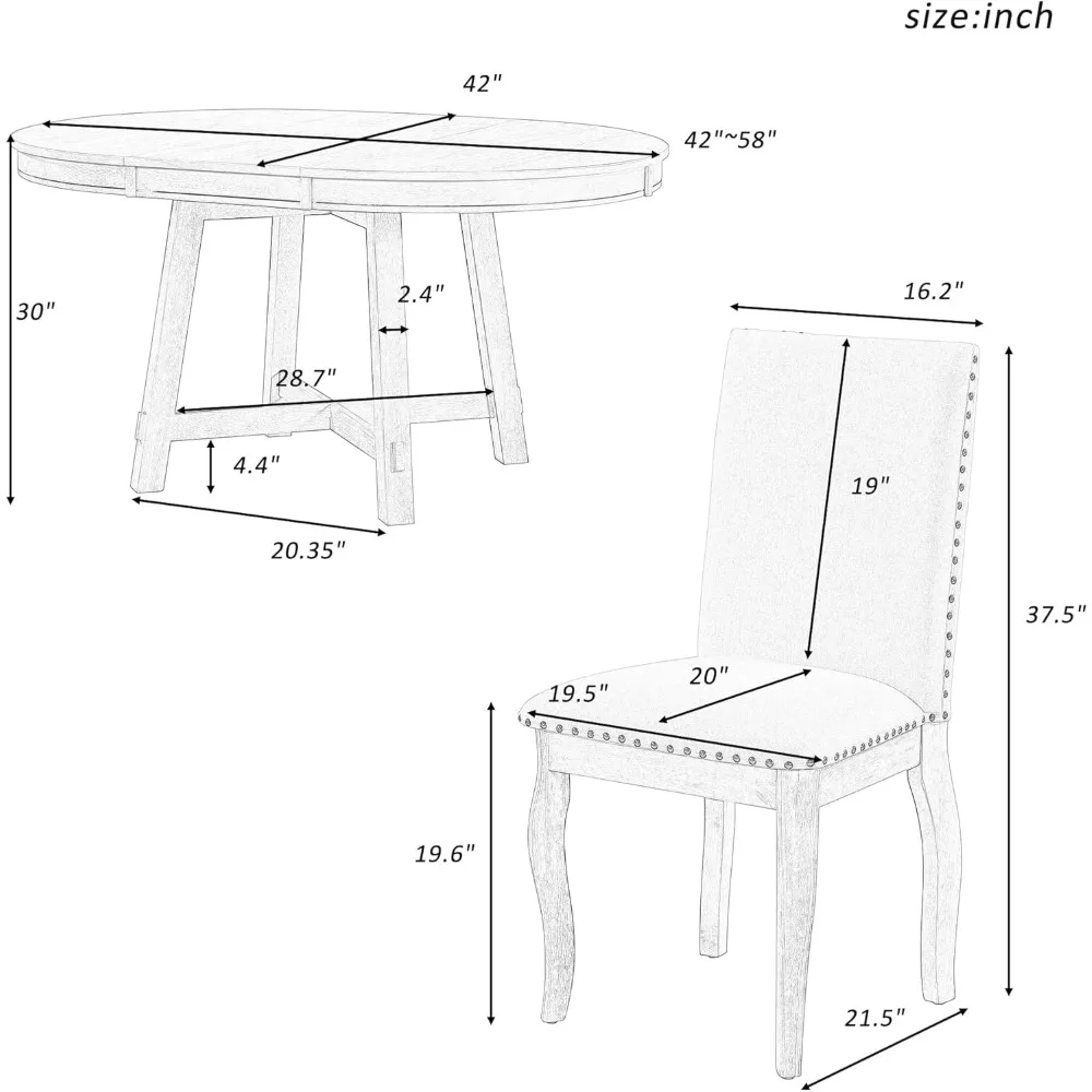 5 Piece Round Farmhouse Wood Dining Table Set with 4 Upholstered Chairs,Extendable Restaurant Furniture,for Kitchen Dinette