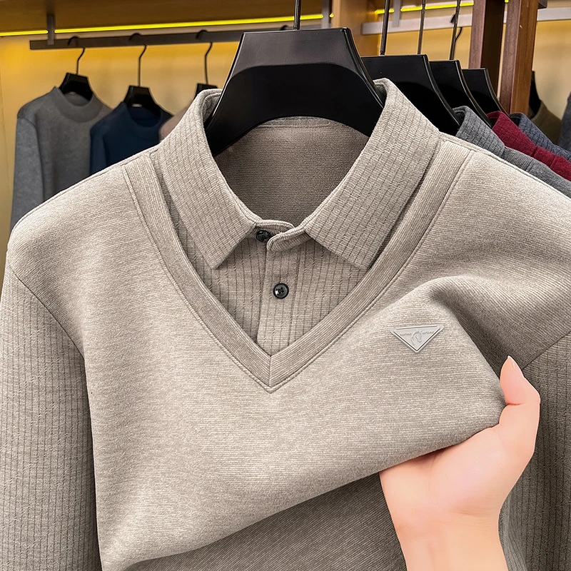 Luxury Brand Men's Solid Color Print Polo Shirt Autumn New Long Sleeved Lapel False Two-Piece T-shirt Business Casual Men's Wear