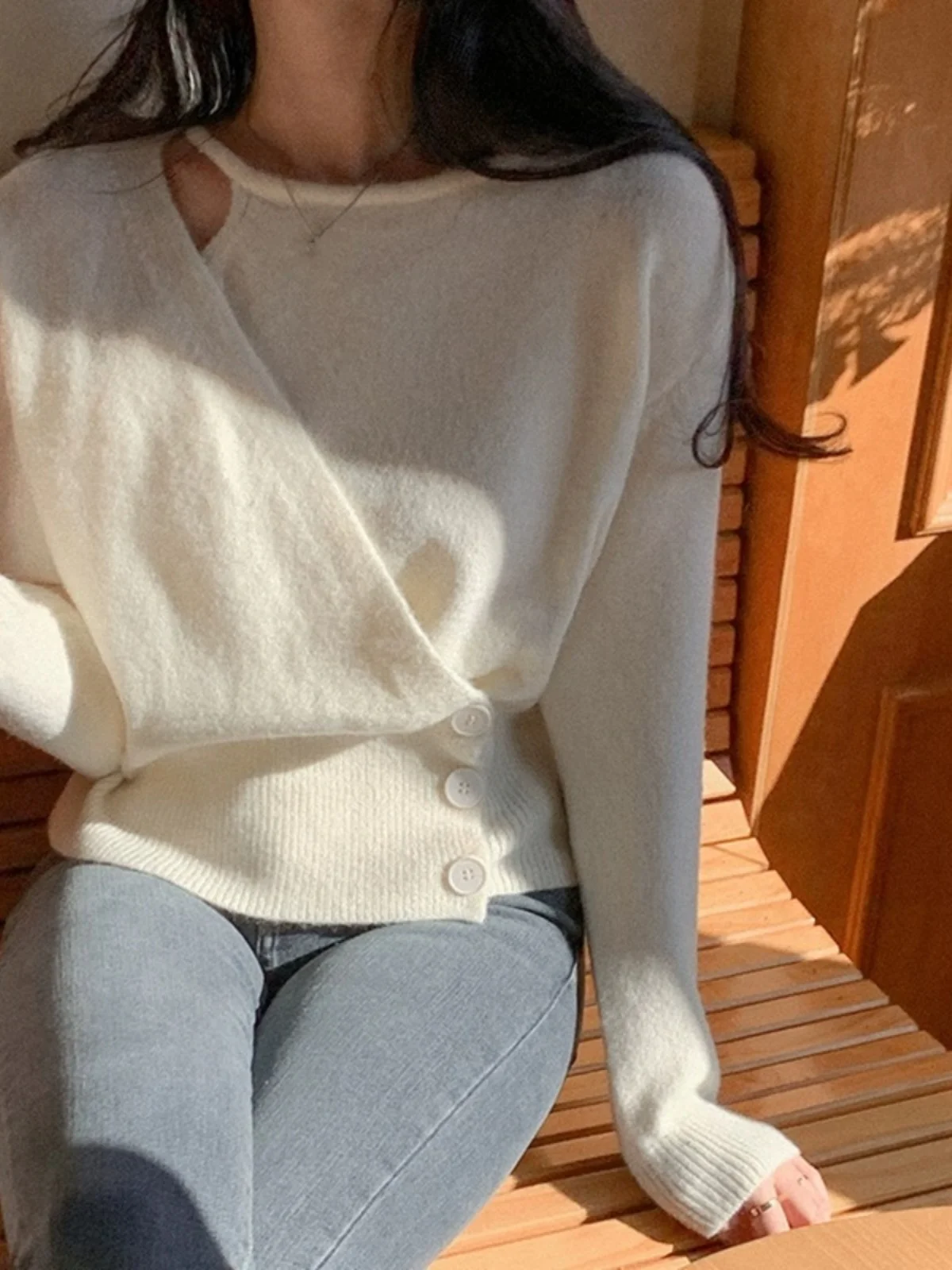 

Gentle Sle Long Sve, женский мягкий уютный вязаный свитер обычного кроя, футболка на пуговицах на талии, весна-осень