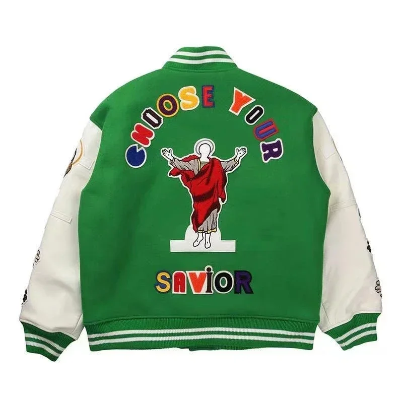 Baseball uniform new embroidered patchwork jacket retro bomber jacket couple models M-2XL street trend clothing green top jacket