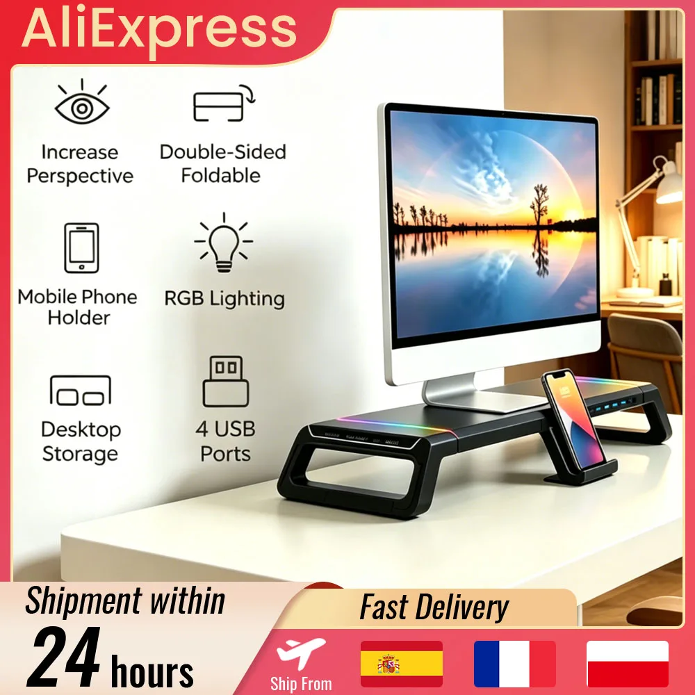 Monitor Stand Desk Monitor Stand Riser with Storage Drawer & Phone Holder, Lightweight Sturdy Aluminium ABS Material Monitor Desk Shelf
