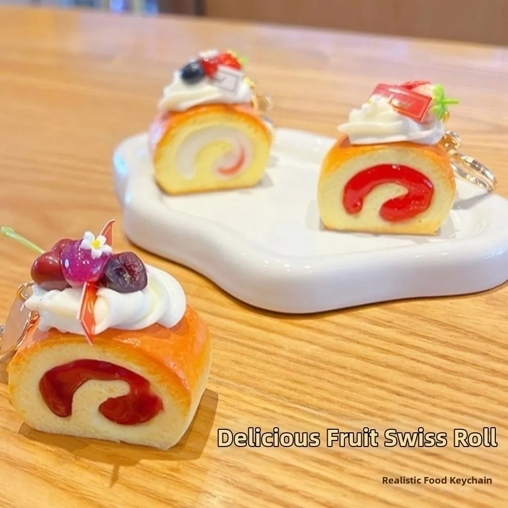 PU Simulation Fruit Keychain Simulation Fruit Strawberry Swiss Roll Keychain Blueberry Lightweight Cake Model Bag Keychain