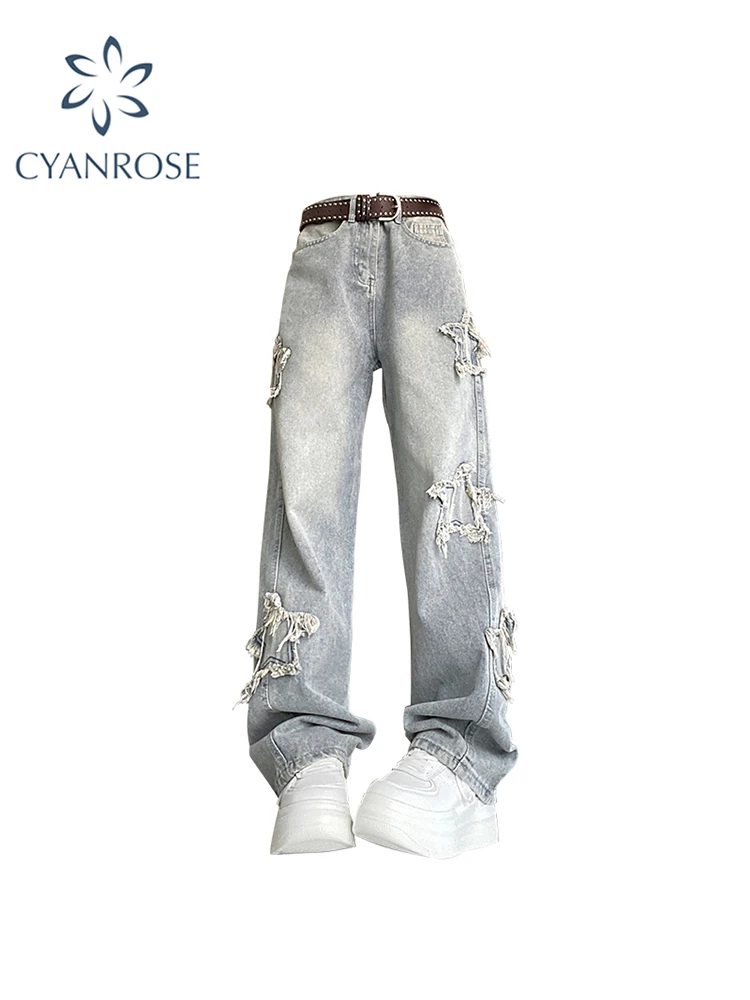 

Women Vintage Blue Star Jeans Baggy High Waist Denim Trousers 2000s Harajuku 90s Grunge Retro Korean Y2k Wide Leg Pants Clothes