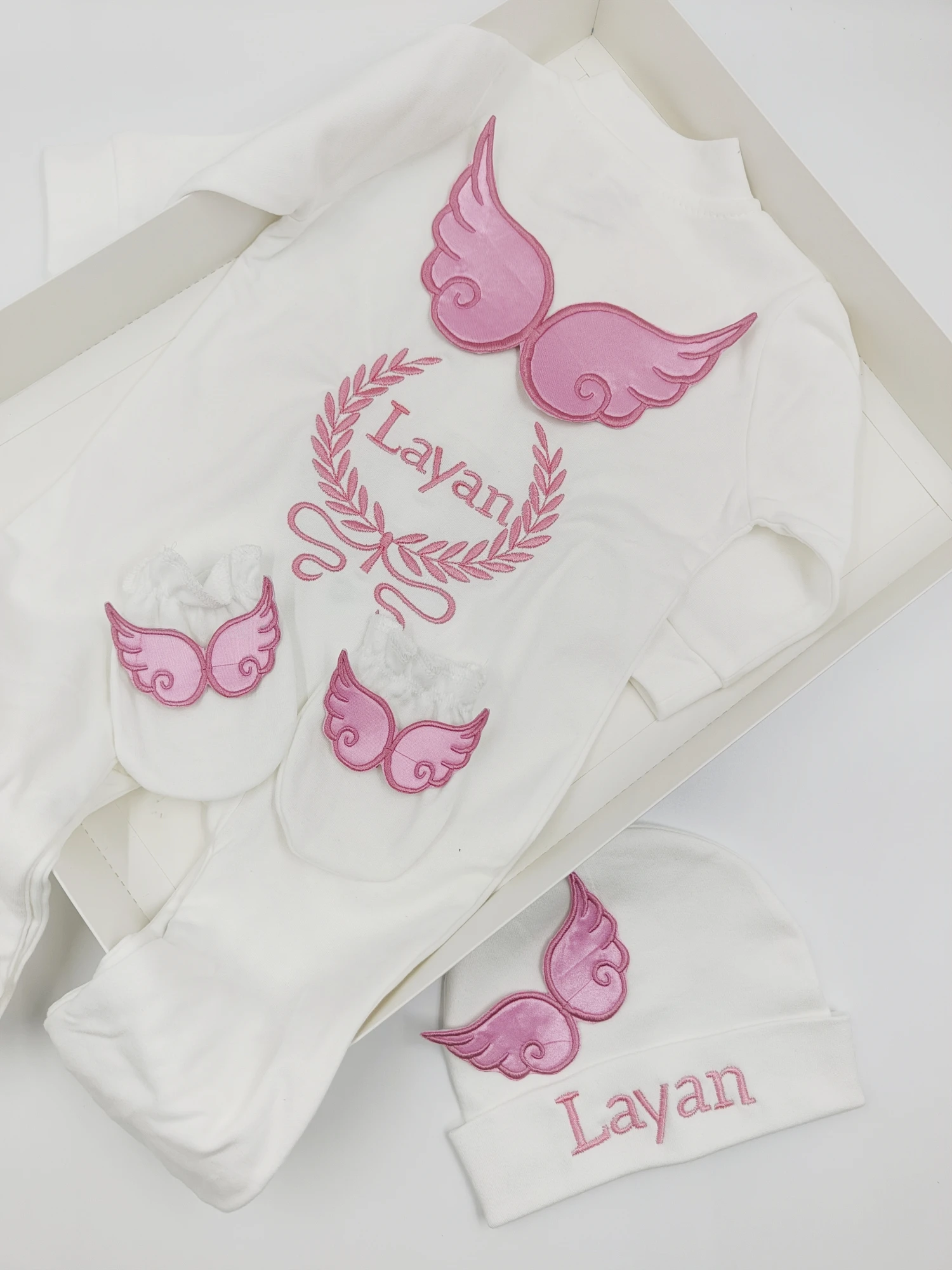 Angle Wing Take Me Home Outfit Pink Lace Baby Gown Baptism Gift Butterfly Baby Outfit and Bonnet  Infant Girl 3pcs Layette
