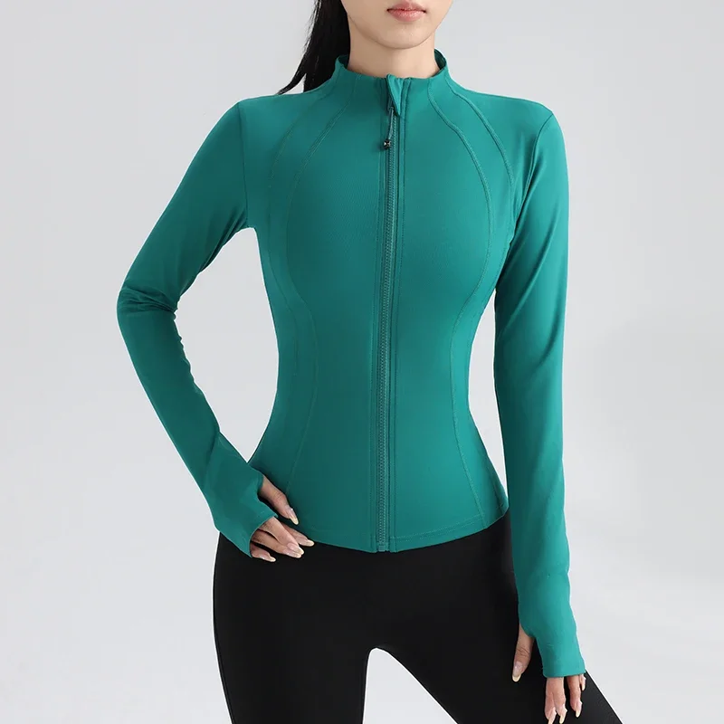 

Fitness running jacket stretchy tight long sleeve top sportswear women's full zip yoga top with thumbholes training wear jacket