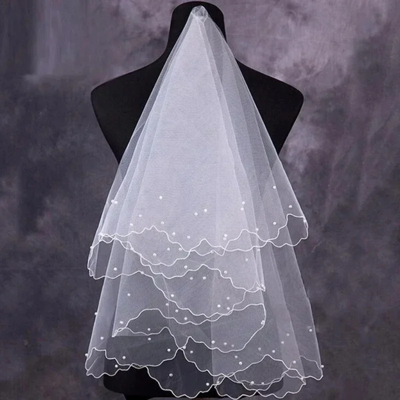 Euro Type Bridal Veil Pearl Wedding Dress Layers Tulle Ribbon Edge Bridal Veils Women Accessories