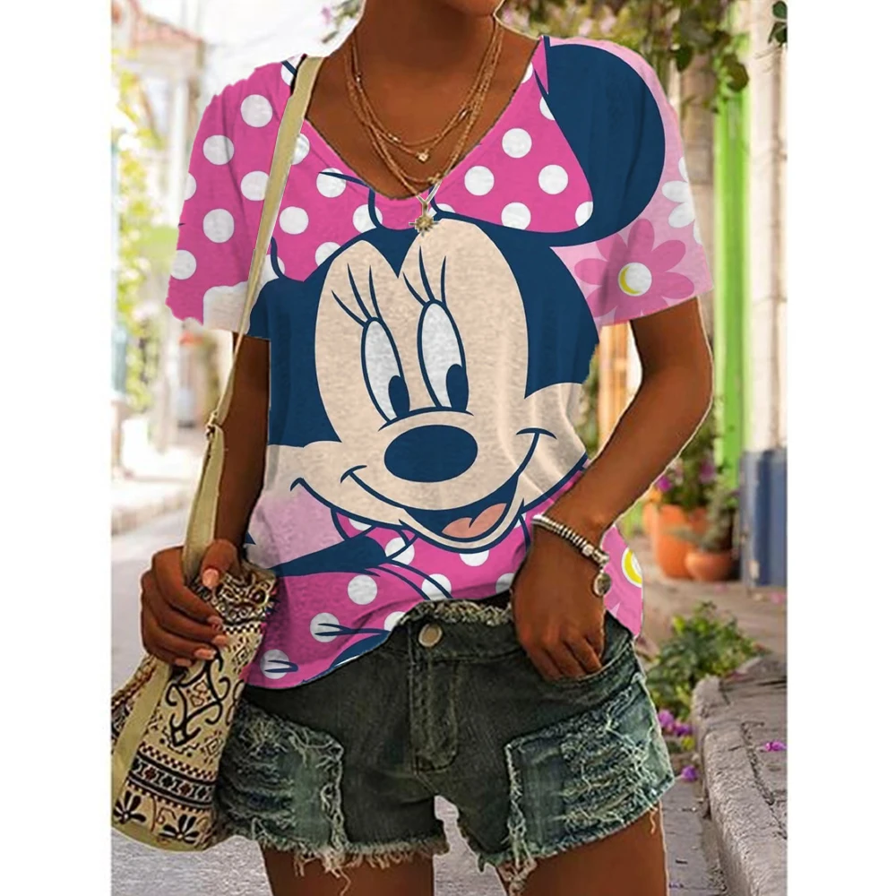 Summer New Women T Shirt Disney Minnie Mickey Mouse Print V-neck Short Sleeve Blouse Fashion Plus Size T-shirts For Women Top