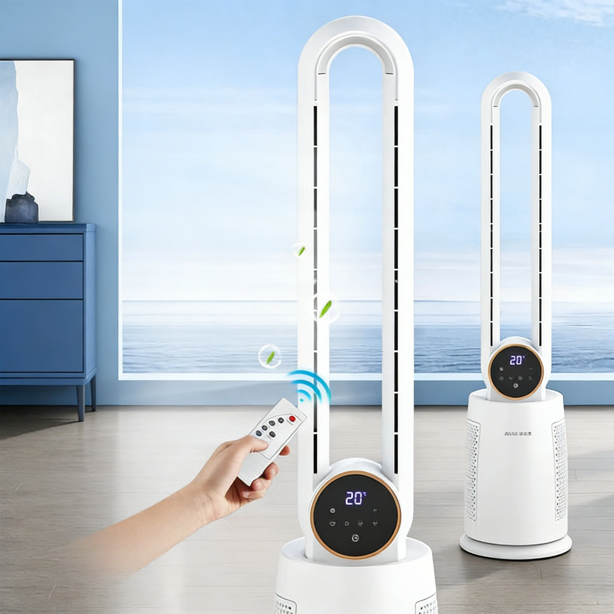 AUX bladeless fan household electric floor fan with soft wind timing remote control and negative ion purification